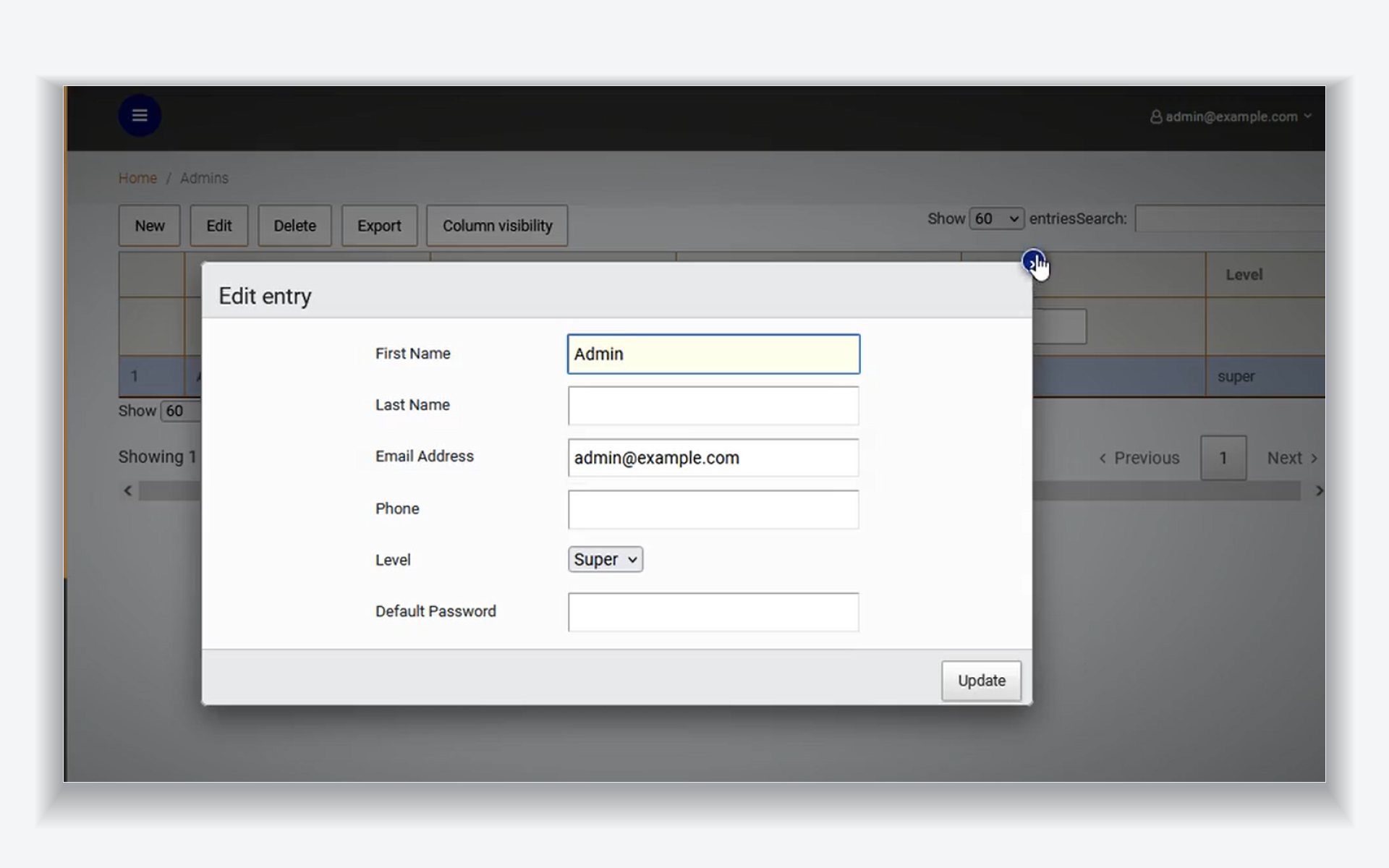 Administrator management table with an edit dialog for name, email, phone, permission level and default password.