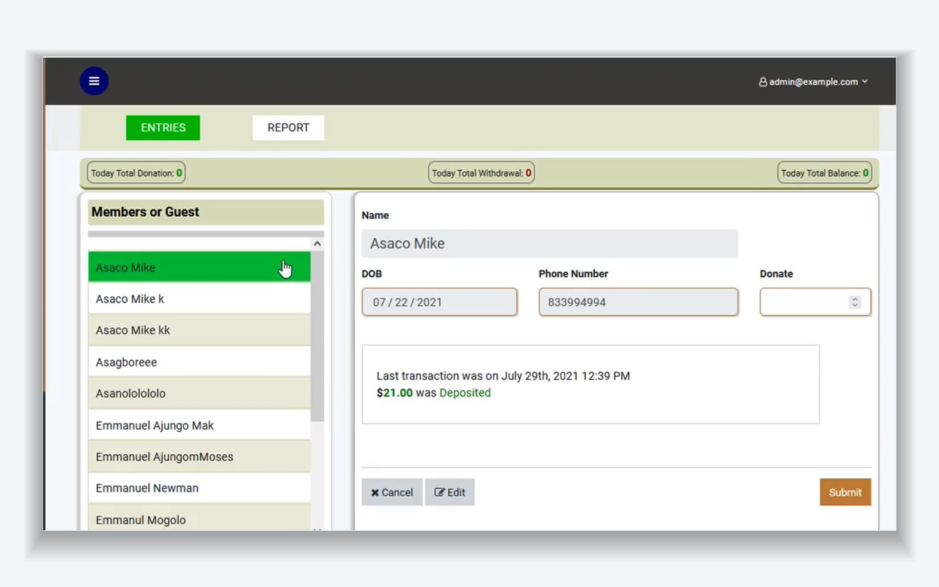 Member record showing name, date of birth and phone number, with a plain-language summary of the last transaction.