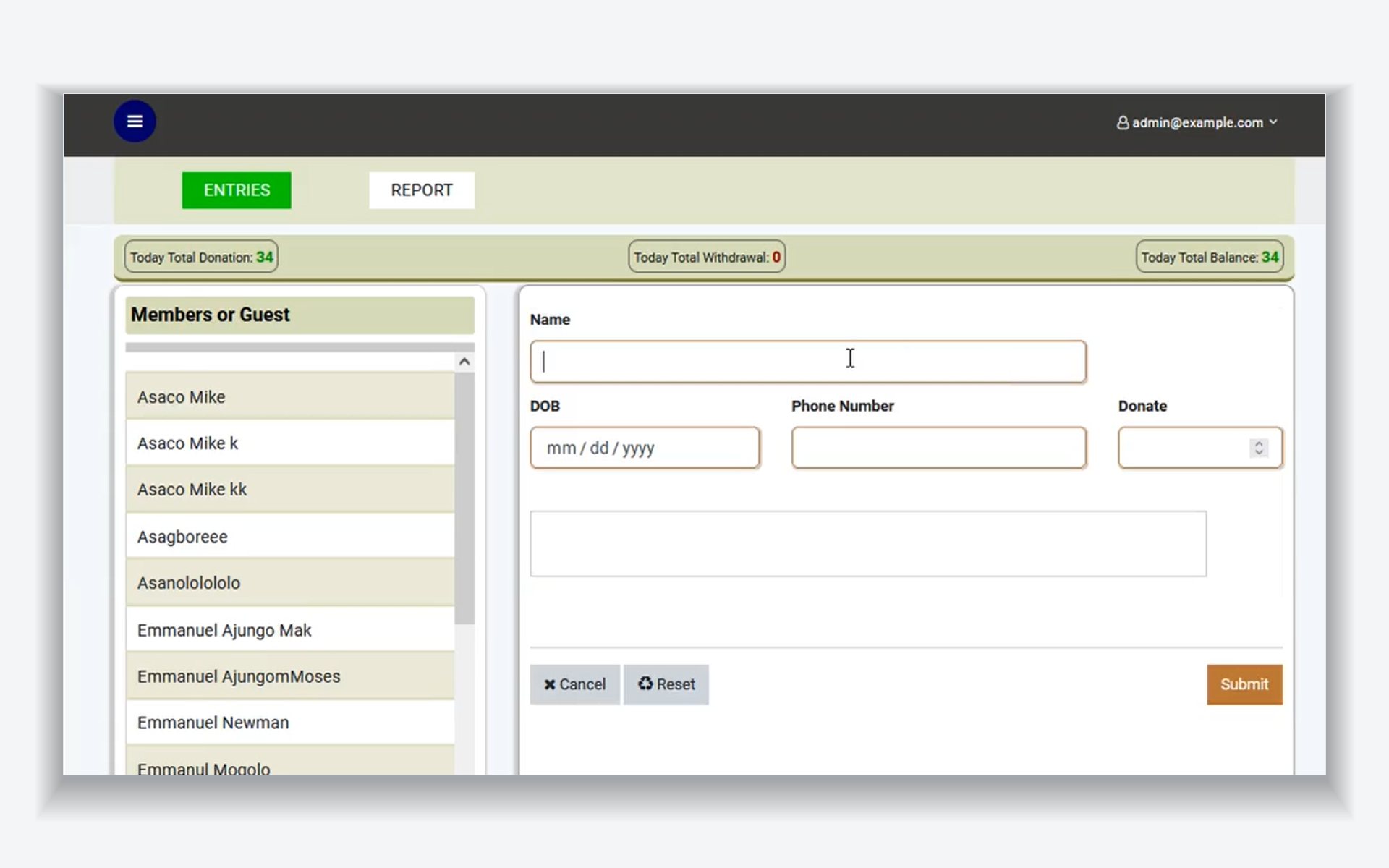 New entry form capturing name, date of birth, phone number and donation amount.