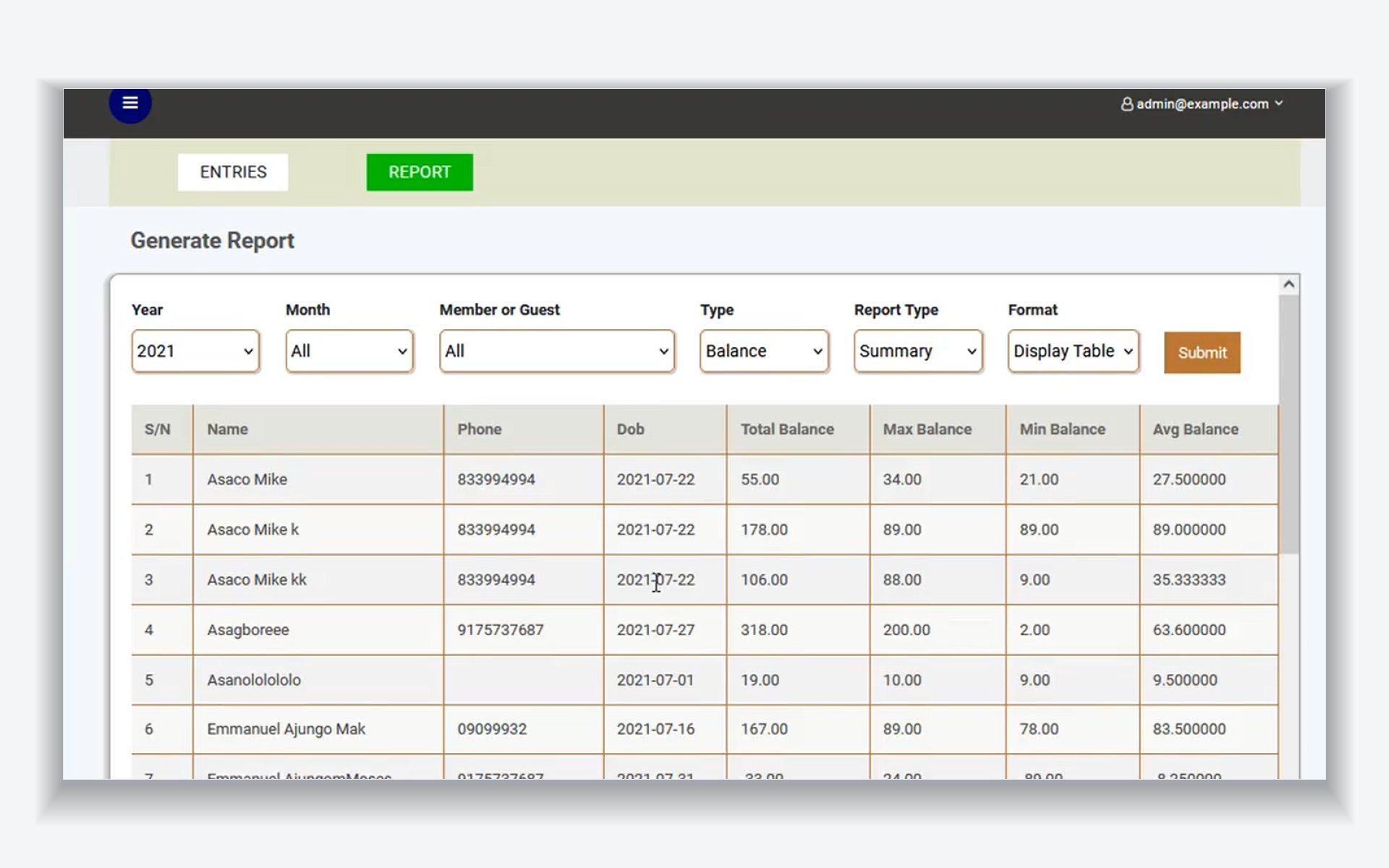 Report builder with year, month, member, type, report type and format selectors above a generated balance summary table.