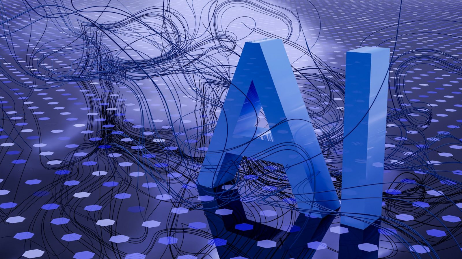 Abstract blue rendering of the letters A and I on a dotted surface.
