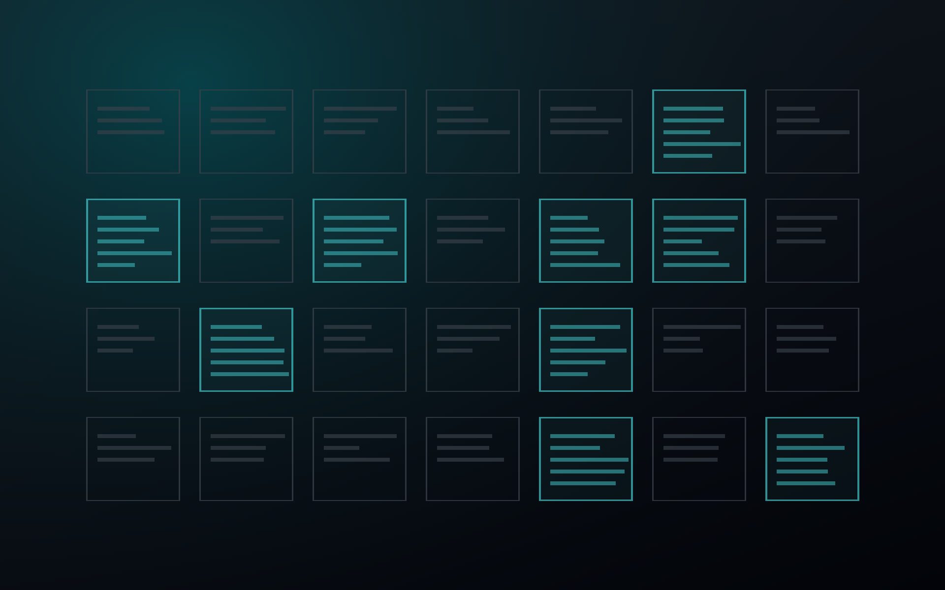 A grid of page outlines, a handful highlighted to show which ones yielded structured records.