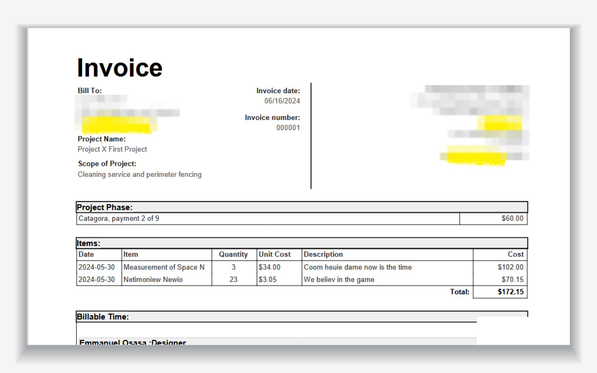 Generated PDF invoice showing project phase payment, itemised materials with quantities and unit costs, and a billable time section. Client contact details are blurred.