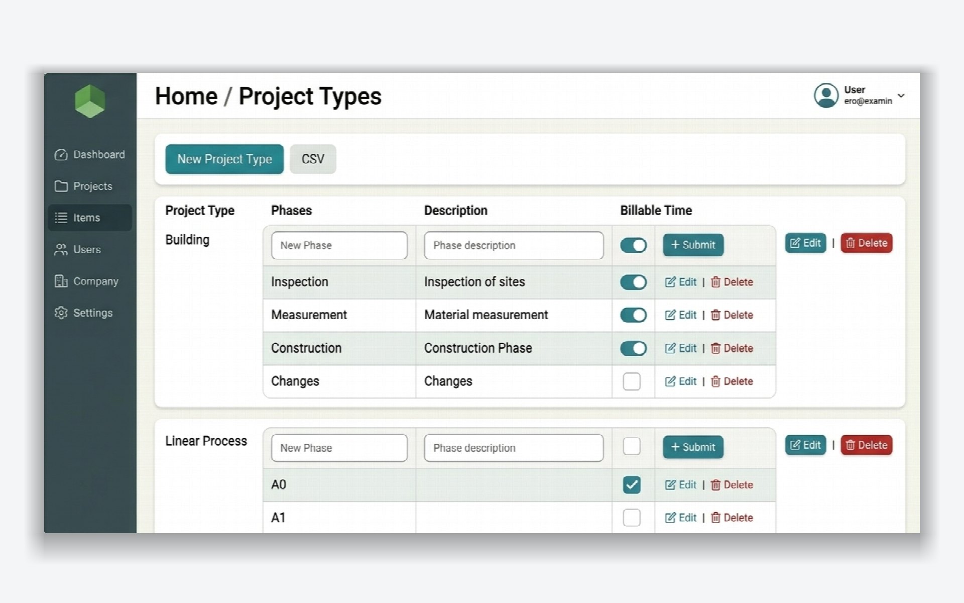 Project types administration screen listing each type with its phases, phase descriptions and a billable-time toggle per phase.