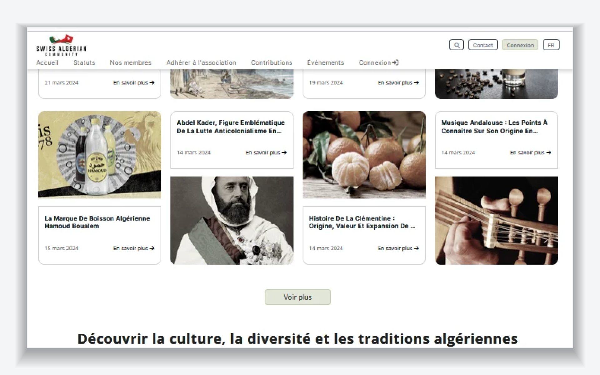 Cultural articles section of the home page presenting dated posts about Algerian history, food and music.