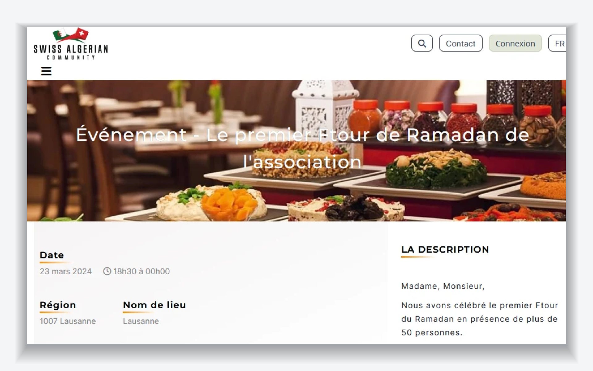 Single event page showing date, time, region, venue name, address and a written description.