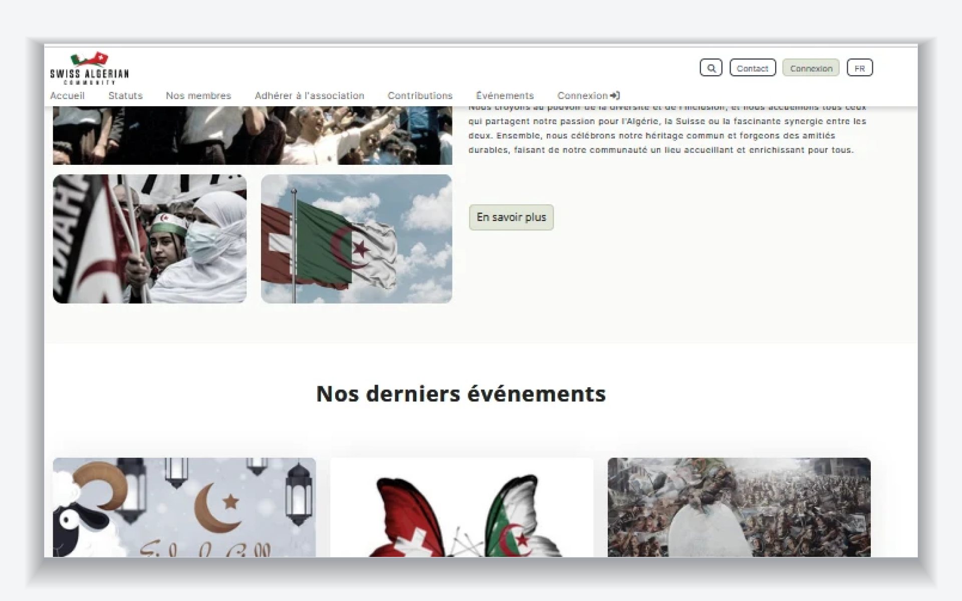Swiss Algerian Community home page showing the latest events as dated cards beneath an introduction to the association.