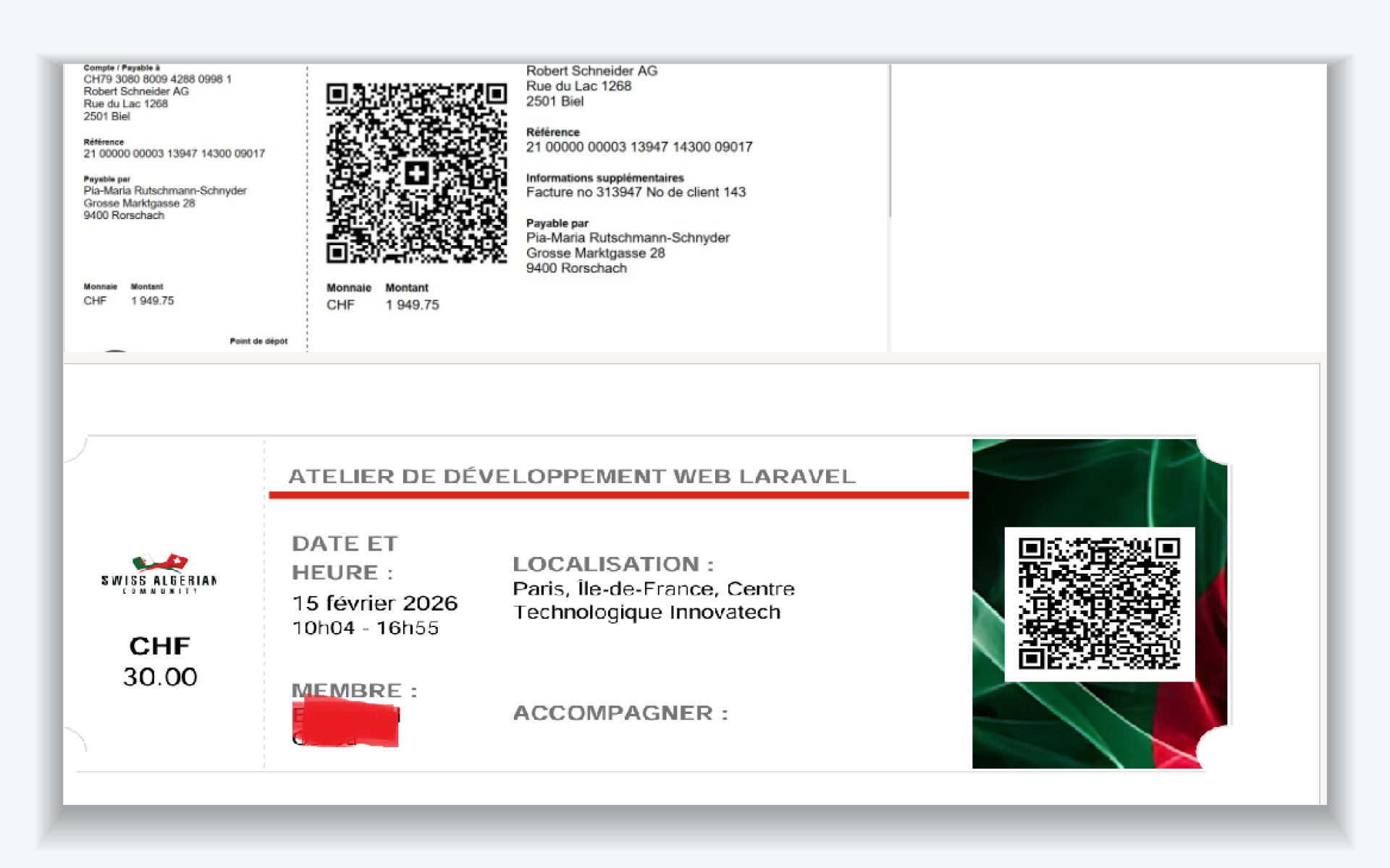 A Swiss QR-bill payment slip above a generated event ticket bearing a QR code, price and event details.